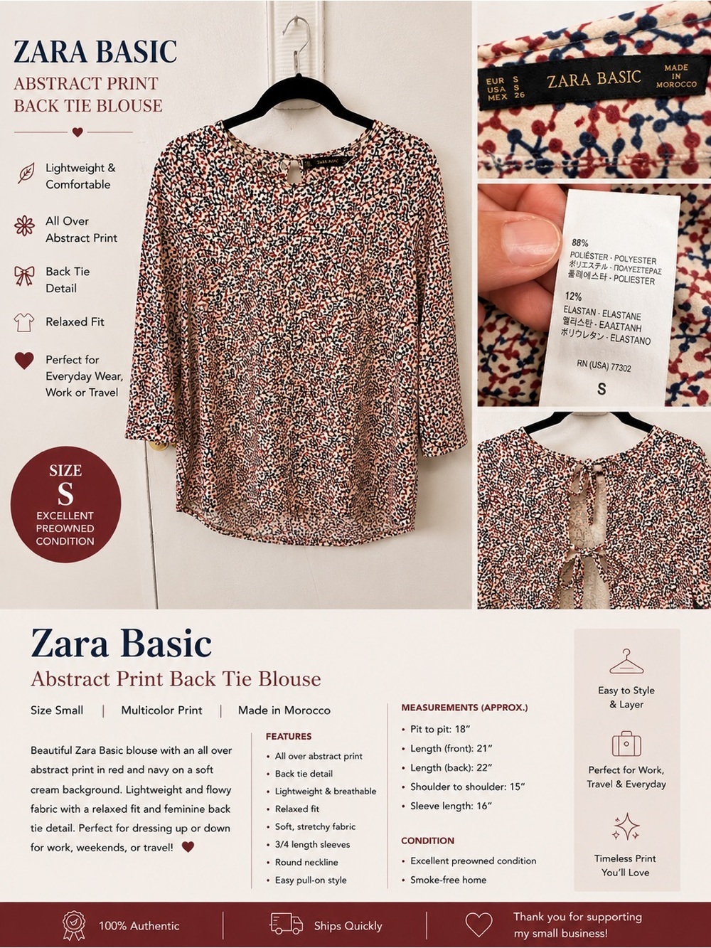 Zara Cream, Black and Red Abstract Print Back-Tie Blouse